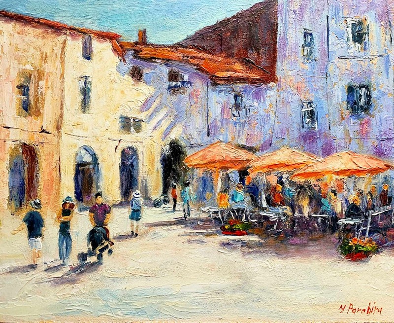 Original Oil Painting , Impressionist Cityscape,Sunny European Street Scene