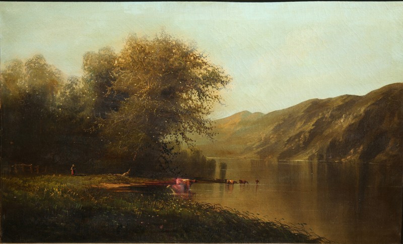 Beautiful Antique Landscape with Cows and People by the lake gallery