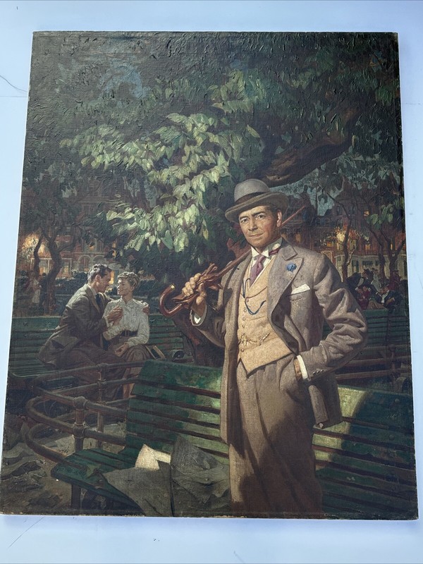 Antique Painting Portrait Large Oil Night Park Mystery Artist Illustration