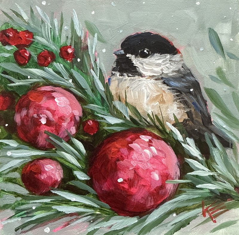 Chickadee Bird Festive decor Original Painting On Wood Canvas 6 X 6 Inches