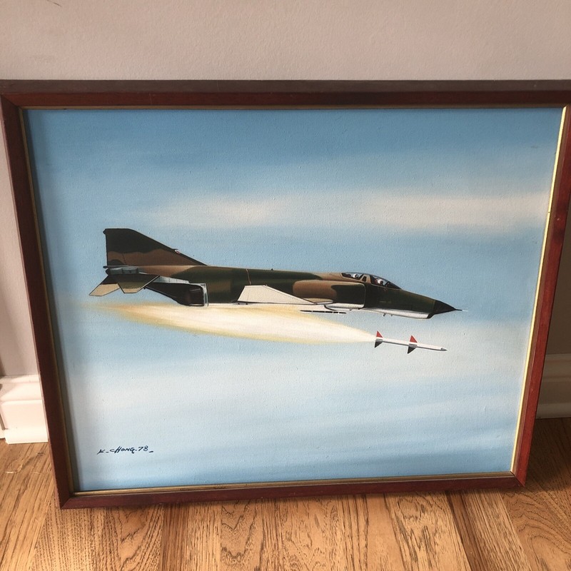 Military Fighter Plane with Falling Missile Painting by K Chong ? 1978 gallery