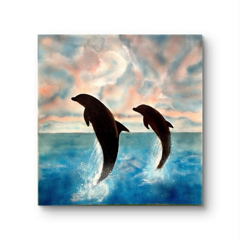 24x24 “Jumping Dolphins” Expressionism Handmade Original Colorful Fine Art gallery