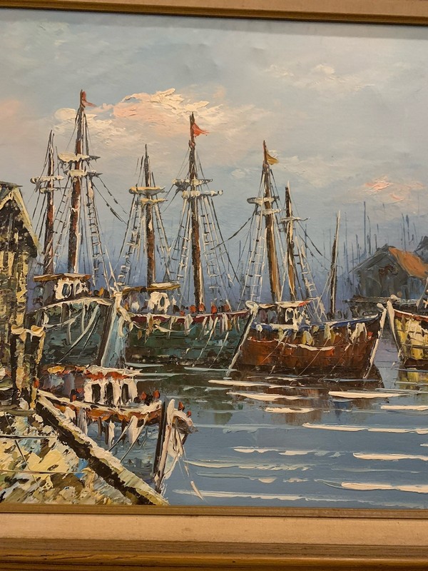 VTG Framed Oil Painting Sail Boats In Harbor Impressionist, 29x25”, Signed gallery