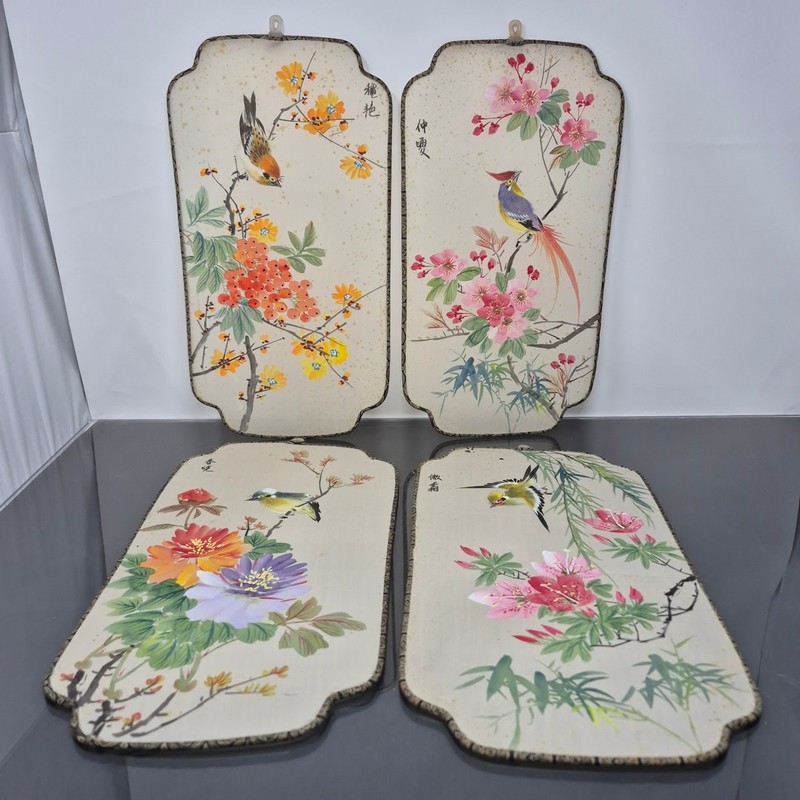 Vintage Chinoiserie Bird & Blossom Wall Plaques Set 4 Asian Hollywood Regency