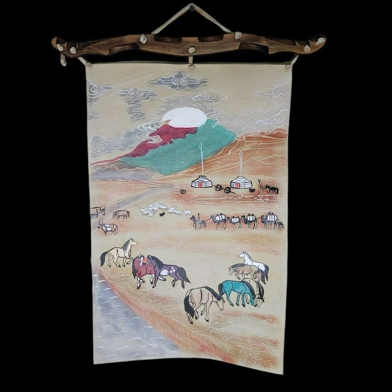 Hand Painted Leather Wall Art Horses Mongolian Landscape Wood Western Carved