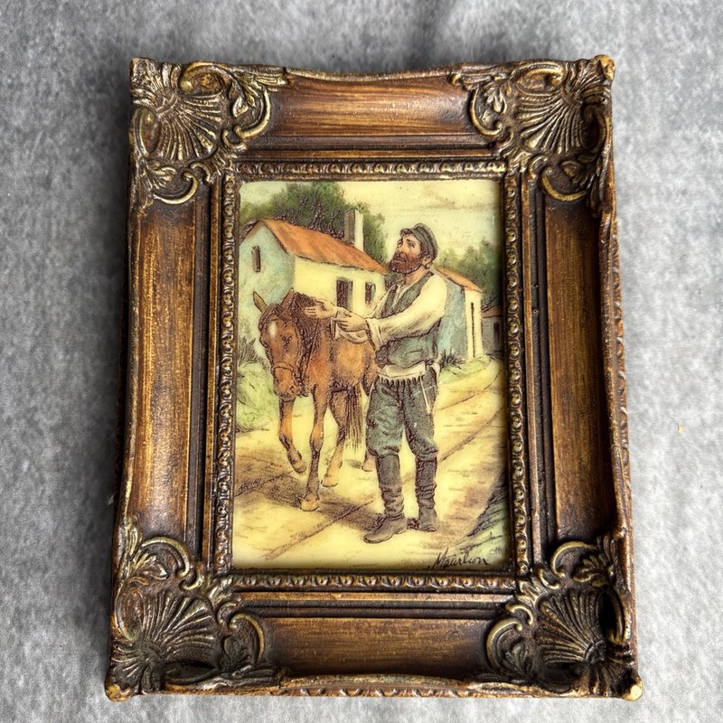Vintage Artini Engraving Hand Painted Maurleon Man With Horse 6” x 4”