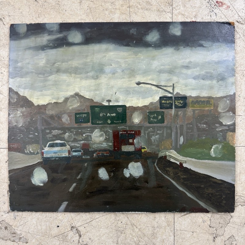 Rain Windshield Highway Signs Oil Painting Board Unsigned Unknown Artist Tucson