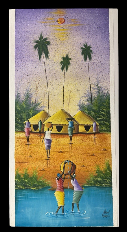 Haitian Folk Art Original Signed Akol Sowah Women River Water Basket Huts Bright