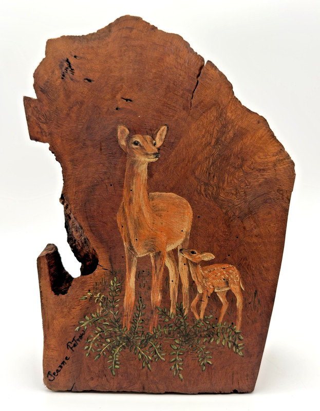 Live Edge Wood Hand Painted Deer Signed Vintage Burl Rustic Freestanding 10.5″