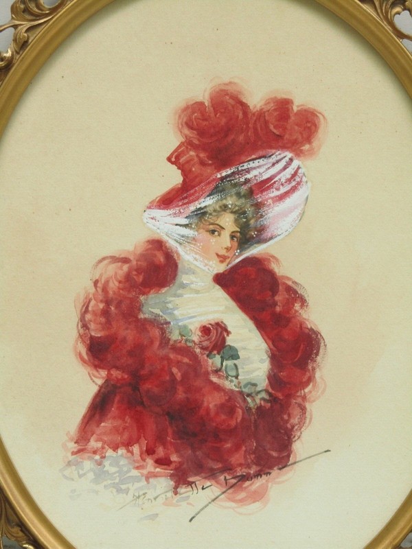 Henrietta Dunn Mears Original Gibson Girl Watercolor Painting Belle Lady in Red gallery
