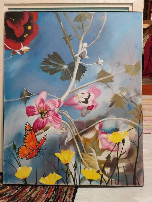 Large Original Painting Monarch Butterfly & Flower Garden 24 X 30 Canvas
