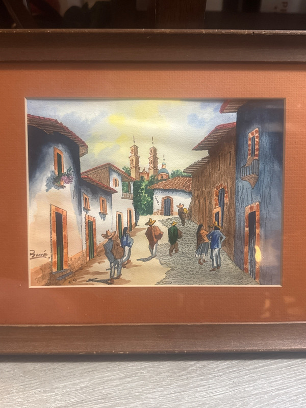 Vintage MEXICAN TOWN STREET SCENE ORIGINAL WATERCOLOR PAINTING MATTED & FRAMED