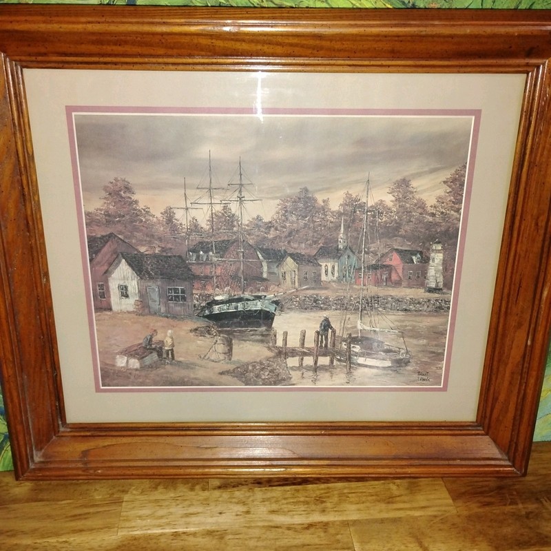 Robert LeBron New England fishing village print framed
