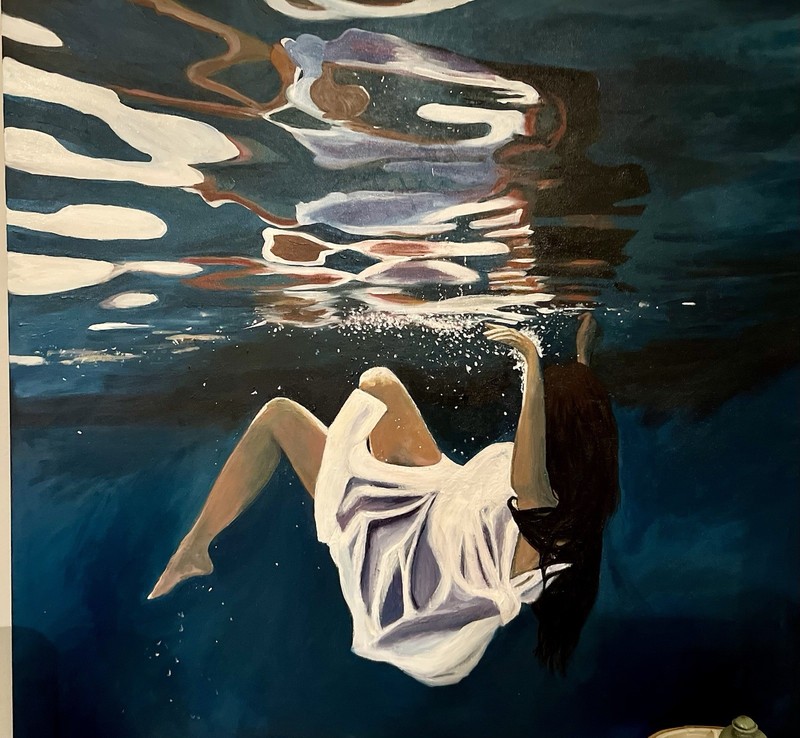 Signed Realism Painting Woman Underwater Unframed Single Piece