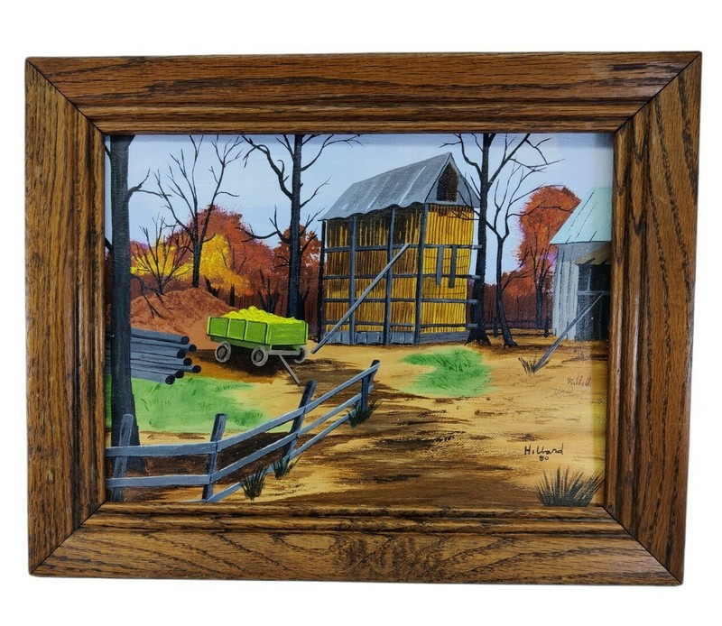 Vintage Countryside Oil on Board Naive Painting Signed Hibbard 1980 Farm Decor