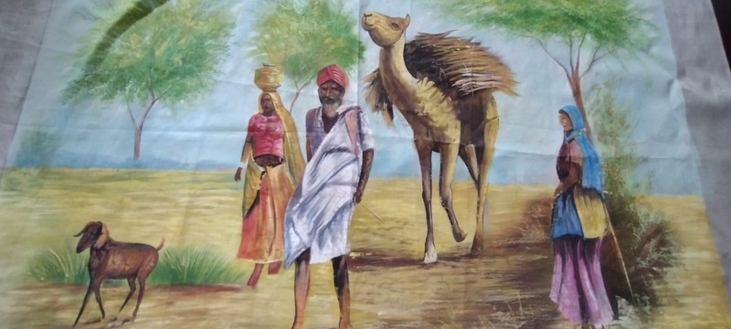 Raw Silk art- Village Life – India Rajasthan – Painting 23 X 13 inch