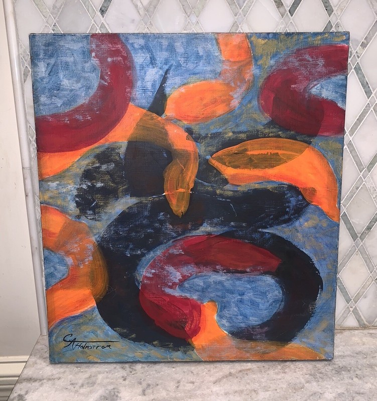 VTG 1984 CA Holmstrom ‘Promordial Soup’ Blue Org Blk Red Modern Canvas 18”x20” gallery