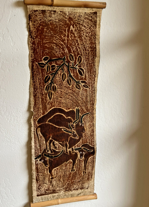African Textile Wall Hanging | Oxen Motif | Bamboo Japandi | Mid-Century 30″
