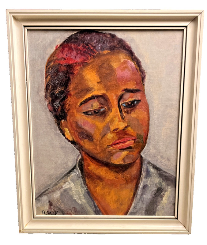 VTG Mid Century Modern African American Woman Portrait Oil Painting R Wolf