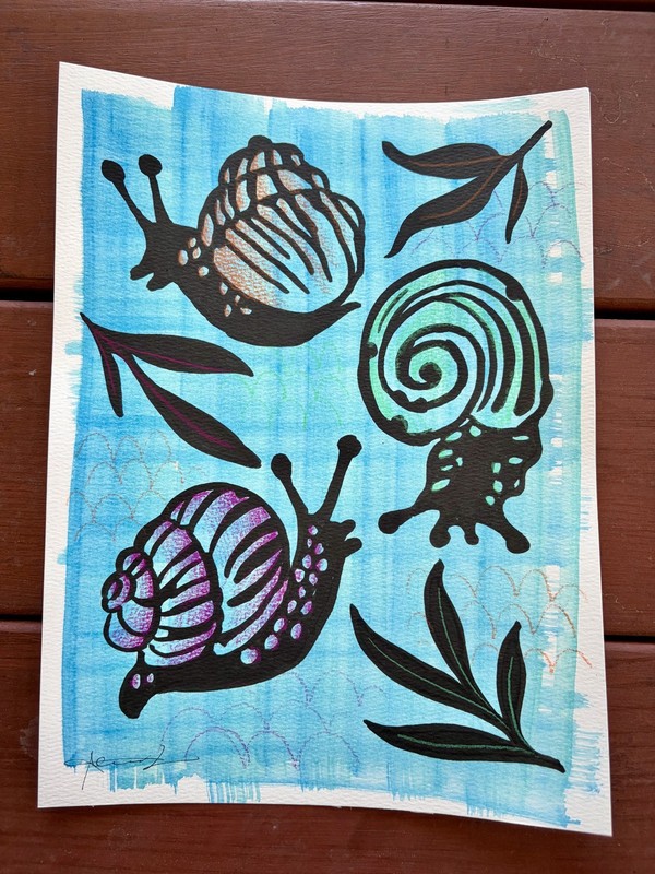 Original Picnic Snails Painting By Alannah Dyer- Acrylic 9x12 in. Nature Garden gallery