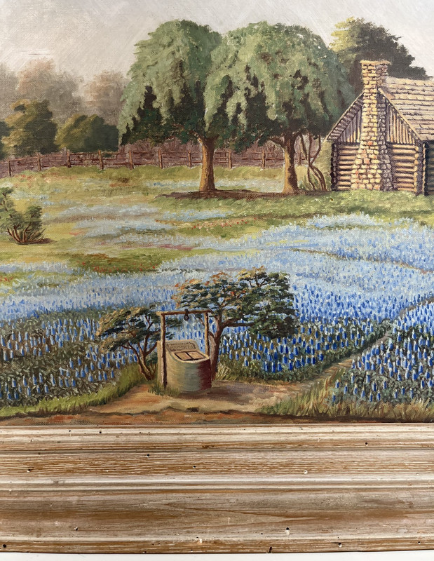 GRACE LAY BLUEBONNETS TEXAS LANDSCAPE LOG CABIN VINTAGE ORIGINAL OIL PAINTING gallery