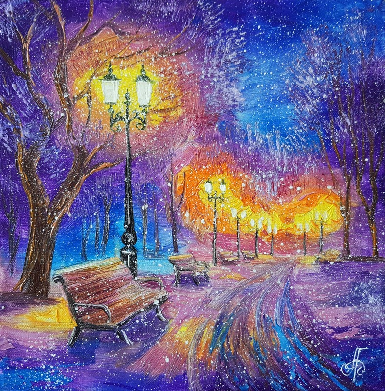 Impressionist Landscape Original Painting Winter Night Scene Small Canvas Snow