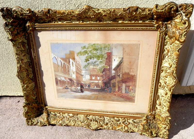 Antique watercolor painting Benares India signed W S Pilleau 1901 English artist