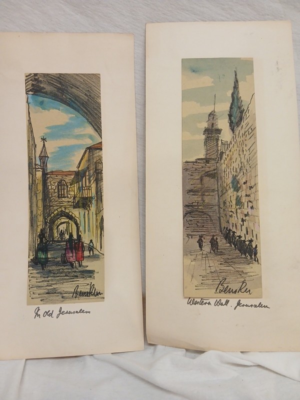 2 Original Josef Benskin Israeli Watercolor Paintings 13" X 6"
