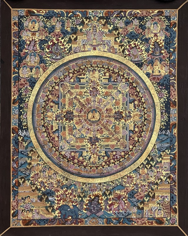 BUDHHA LIFE BIG CIRCLE MANDALA ORIGINAL TIBETAN THANGKA/THANKA PAINTING GOLD