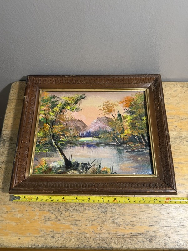 Signed (J.V. 1979) Framed Impressionist Oil Painting Lake Mountain Landscape gallery