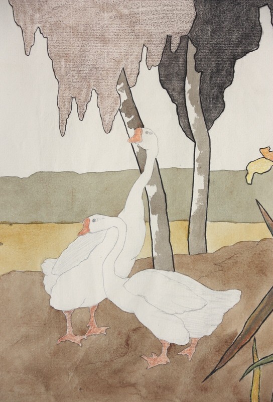 Geese and Irises, Watercolour, Japonism, Kacho-ga, Art Nouveau, France c1900 gallery