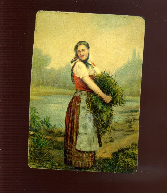 VINTAGE MINIATURE LADY FARMING PAINTING ON METAL/TIN MADE IN GERMANY (L220)