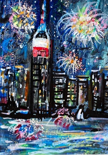 ACEO Original Painting FIREWORKS Summer NY CITY Empire State Building Lights ART