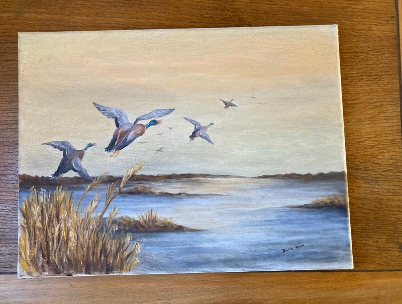 Vintage 1970s Original Acrylic Painting Ducks Marsh Hunting by Billie Kehn