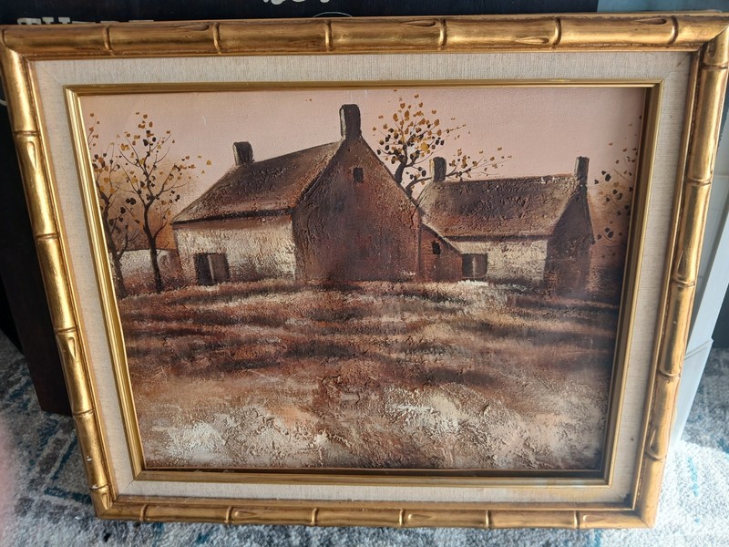 Realism Oil Painting on Canvas – Barn, Houses, Trees Landscape Framed Art