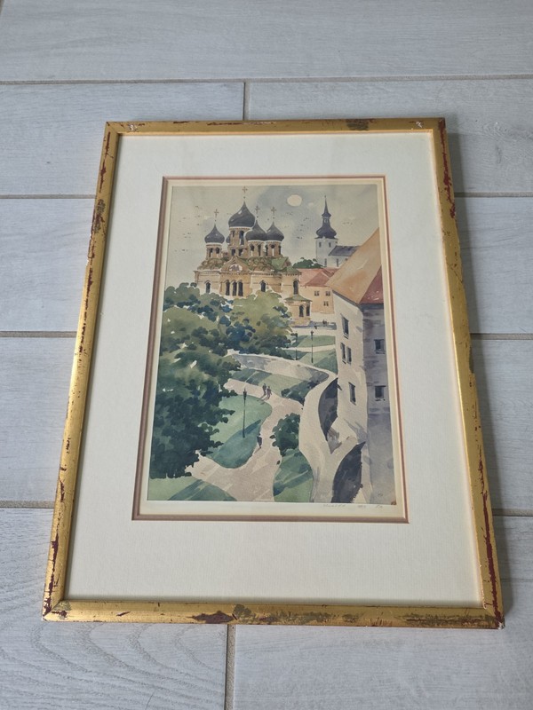 original Estonian watercolor painting titled «Toompea view,» dated 1996.