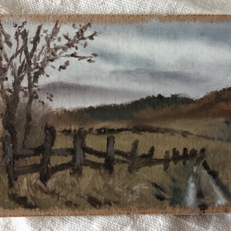 Original ACEO Country Road Fall Landscape Moody Autumn Oil Pastel Mini Painting