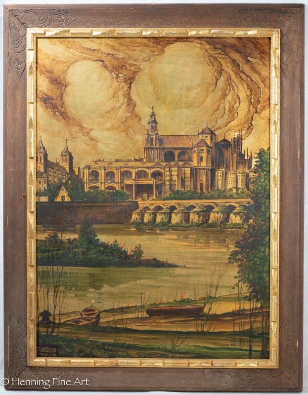 Beautiful Mid Century Gold Painting of Plaza de España in Seville, Spain, Signed
