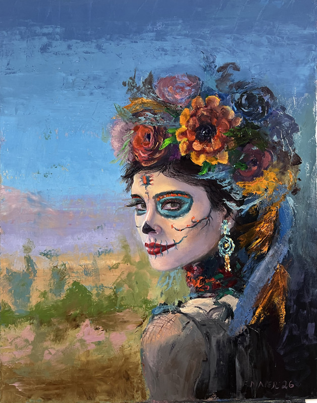 Frank Maier Original Oil Painting: Day of the Dead-Woman in Flowered Hat 22″x28″