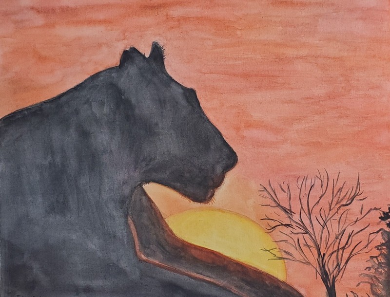 Lioness and sunset. Painting by me. Watercolor on canvas. 14×11 in