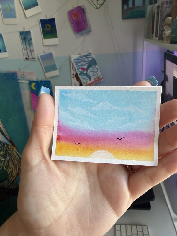 Original ACEO Evening Glow Sunset Sky And Clouds Watercolor Dreamy Sunset Sky gallery