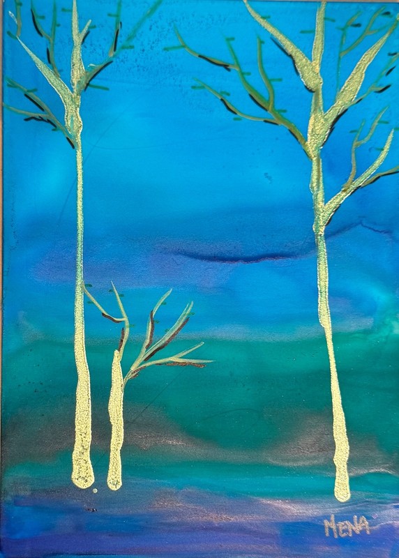 Golden Aspen Trees 7 x 5 Original Ink Art on Quality Paper Modern Expression Dec gallery