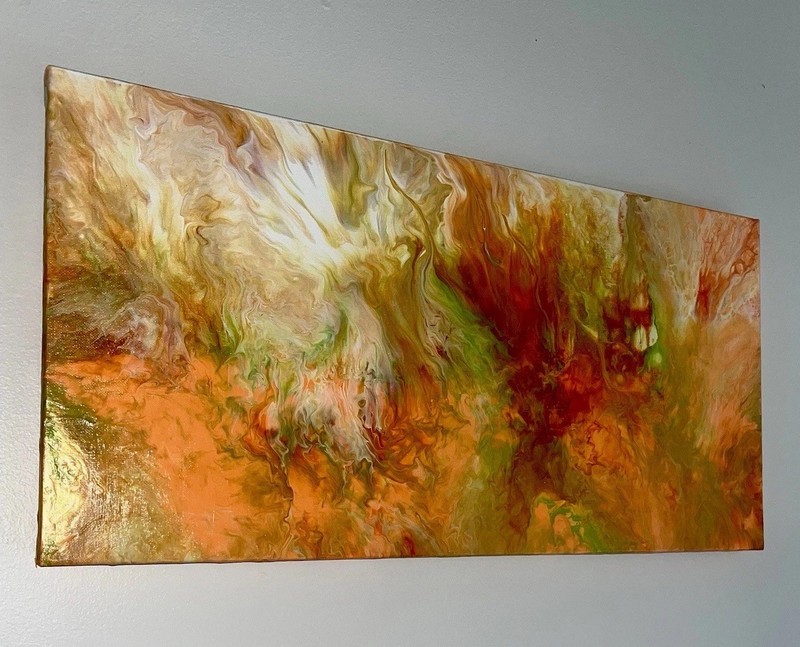 Original 12 x 24 Abstract Orange/Green/White Tones, Horizontal Wall Painting