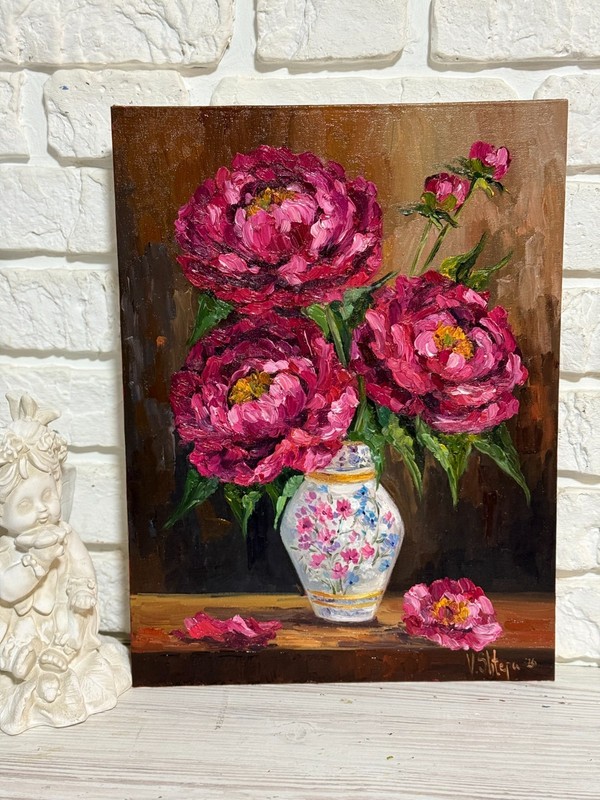 Original Oil Painting Pink Peonies Flowers Still life Vintage Vase Art 12x16 in gallery