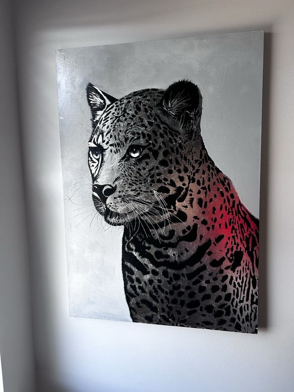 Leopard Portrait Contemporary Painting on Canvas Black Gray Red Accents Unframed gallery
