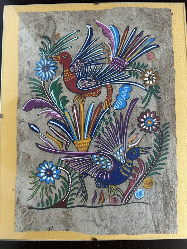 Vintage Mexican Amate Bark Paper Folk Art Painting Birds Hand Painted 8 x 11