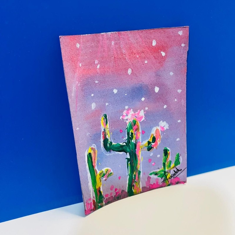 ACEO Desert Cactus Art Hand-Painted Miniature Pink Sky & Flowers Art Card New gallery