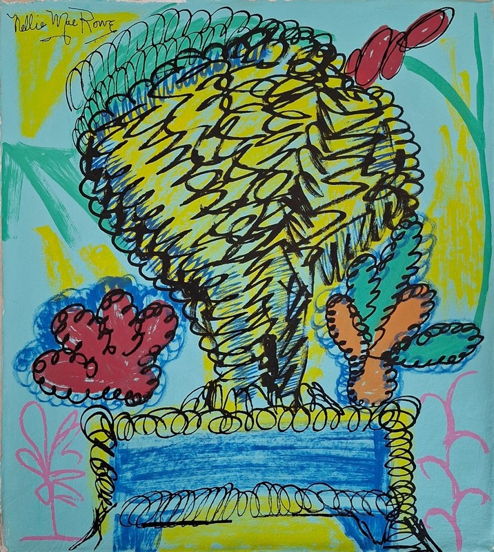 Nellie Mae Rowe Signed Outsider Painting on Canvas African American Folk Art