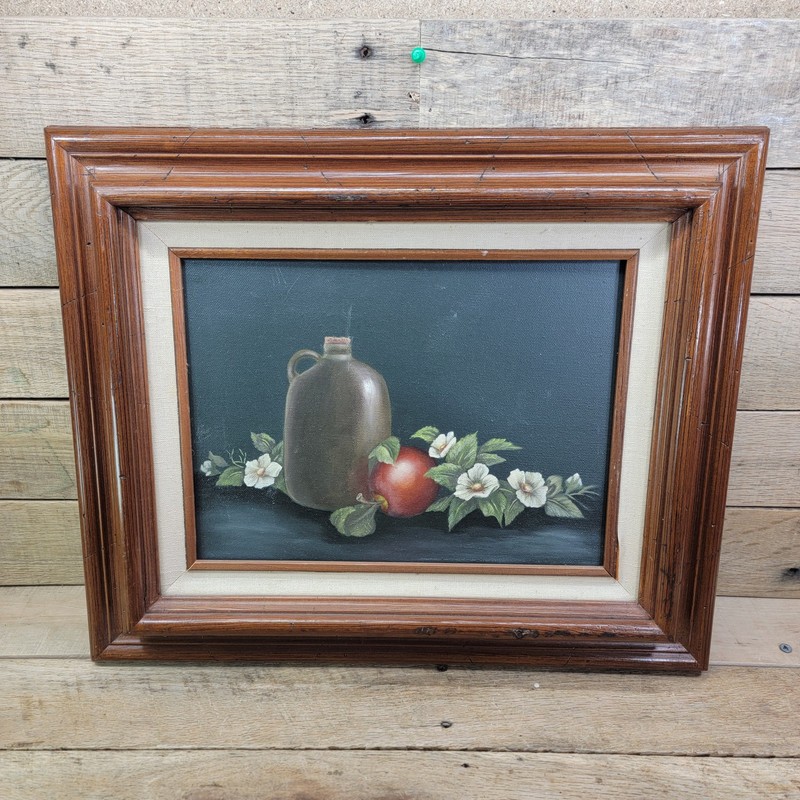 Vintage Still Life Oil Painting Jug, Apple & Flowers Framed Rustic Country Wall