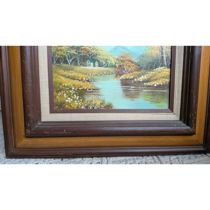 Paul Signed Original Landscape Oil Painting Framed Vintage Cabin River Scene gallery